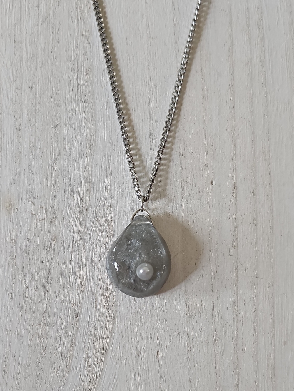 Gray Teardrop Pendant Necklace with Pearl Accent